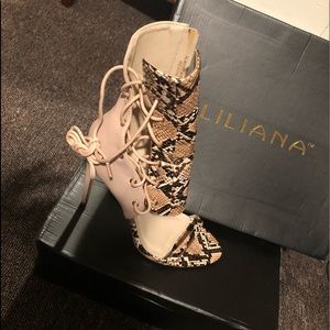 Snake skin open toe high heel with laces